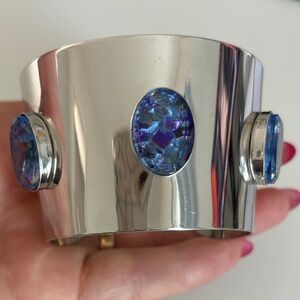 Sarah Coventry Silver Cuff Bracelet with Blue Faux Accents